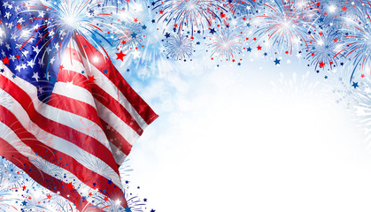 USA flag with fireworks background for 4 july independence day