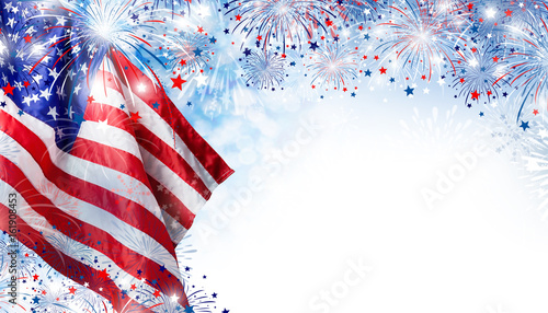 Fotografie, Obraz USA flag with fireworks background for 4 july independence day