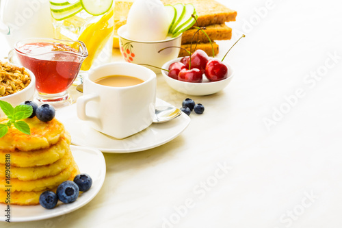 Healthy breakfast concept on table with copy space
