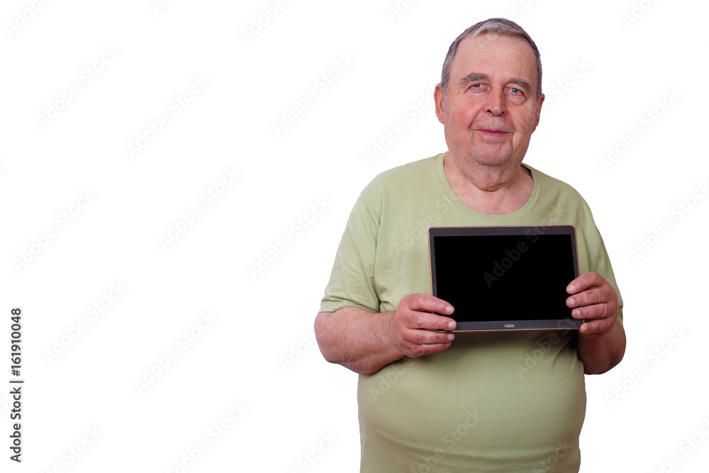 Portrait of senior elderly satisfied smiling man with tablet, isolated Portrait of senior elderly satisfied smiling man with tablet, isolated