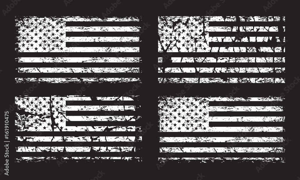 Obraz premium USA American grunge flag set, white isolated on black background, vector illustration.