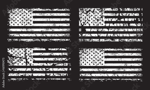 USA American grunge flag set, white isolated on black background, vector illustration.