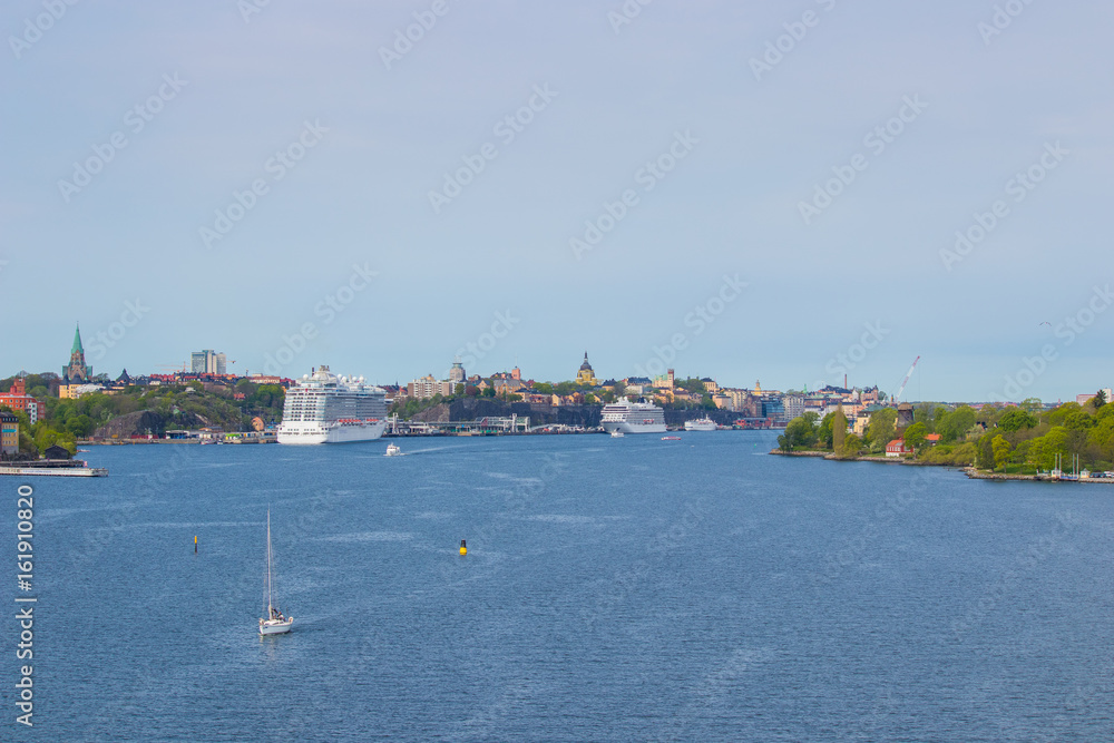 Southern Stockholm seen from the fjord in southwestern direction. The cruise ships are docked at Stadsgarden harbour.