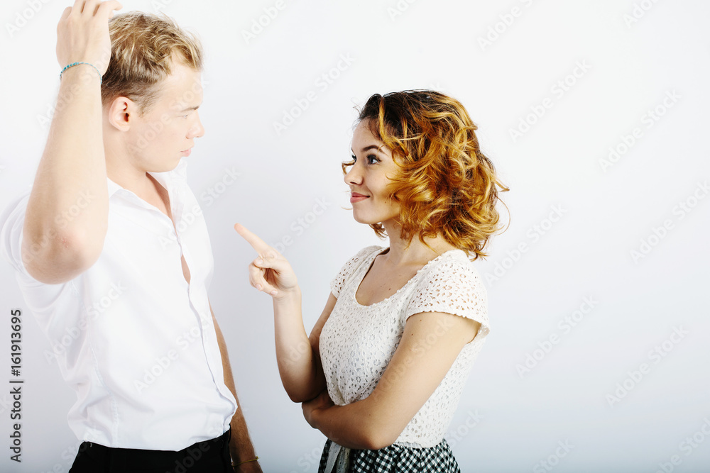 Conversation between man and woman, portrait isolated on white background Conversation between man and woman, portrait isolated on white background