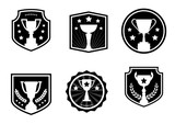 Black and white awards and cups, label, design logo, vector icons