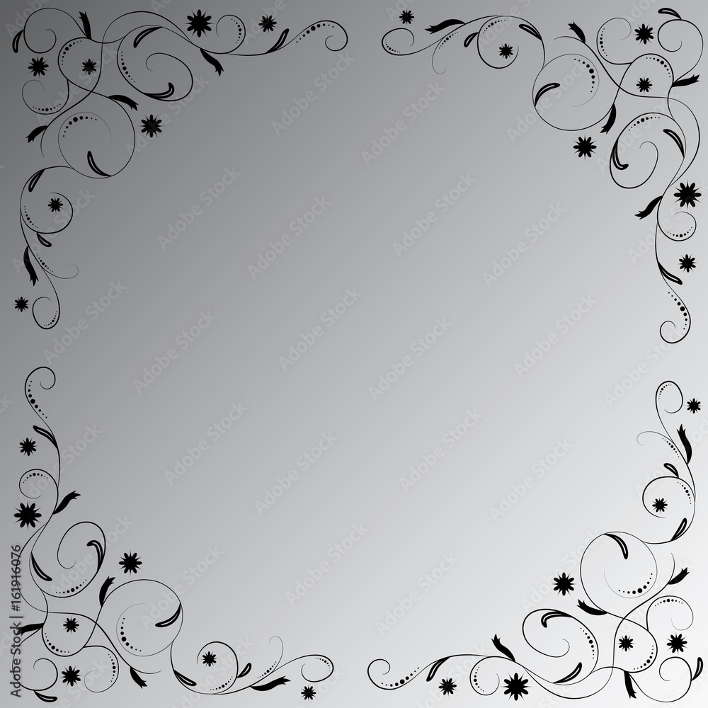 The black floral ornament on the black-white gradient background. Angular vignette. The black floral ornament on the black-white gradient background. Angular vignette.