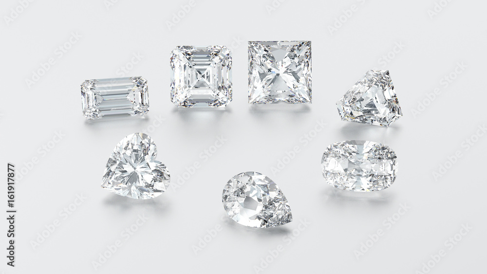 3D illustration closeup group of seven different diamonds