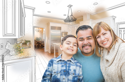 Young Mixed Race Family Over Kitchen Drawing with Photo Combination