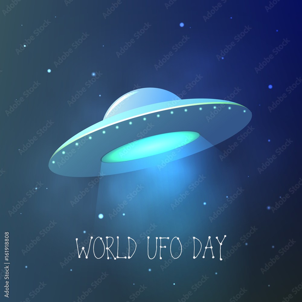 World UFO Day. Flying saucer in space. Vector illustration. World UFO Day. Flying saucer in space. Vector illustration.