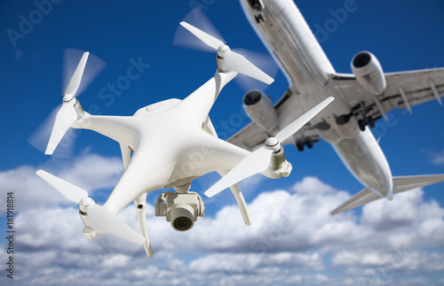 Unmanned Aircraft System (UAV) Quadcopter Drone In The Air Too Close To Passenger Airplane.