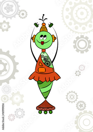 Vector cartoon green girl robot with gears and on wheels