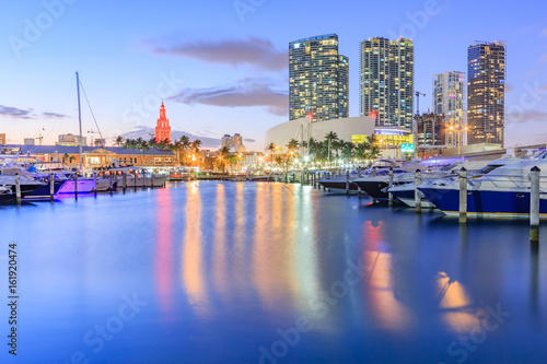 Bayside Marketplace at dusk in Miami  Florida. It is a festival marketplace and the top entertainment complex in Downtown Miami attracting 15M people annually.