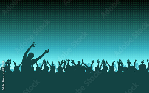 silhouette of people raise hand up in concert with digital dot pattern on blue color background