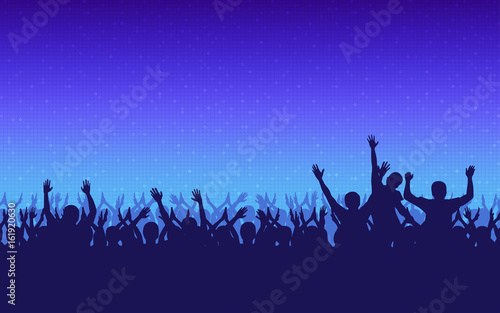 silhouette of people raise hand up in concert with digital dot pattern on blue color background