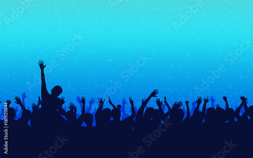 silhouette of people raise hand up in concert with digital dot pattern on blue color background