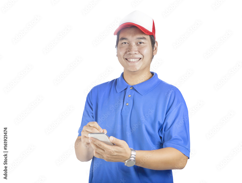 toothy smiling face of delivery man and smart computer in hand preparing for taking customer order isolated white background toothy smiling face of delivery man and smart computer in hand preparing for taking customer order isolated white background