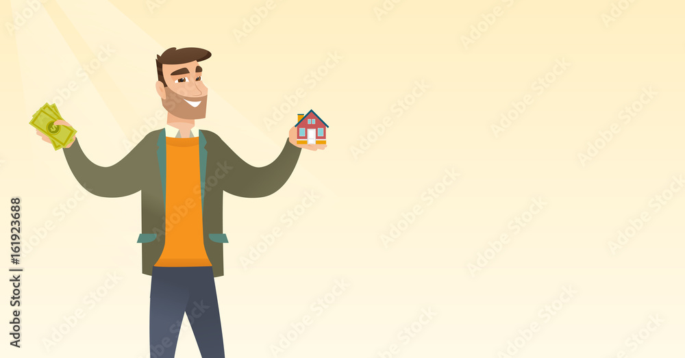 Caucasian man buying house thanks to loan. Caucasian man buying house thanks to loan.