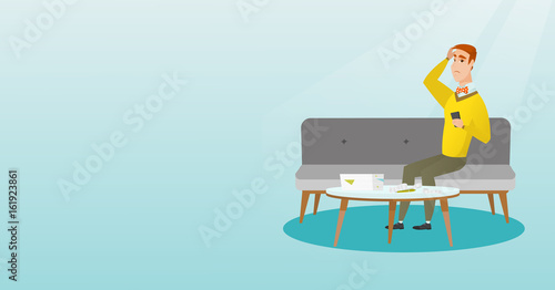 Unhappy caucasian man accounting home bills.