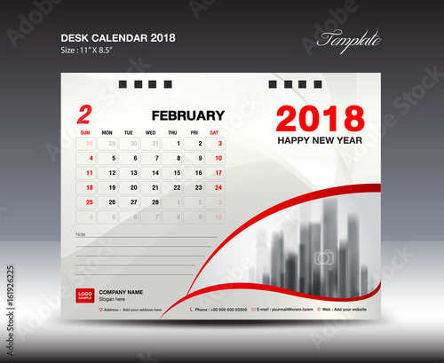 Desk Calendar for 2018 Year, February 2018, Week starts Monday, Stationery design