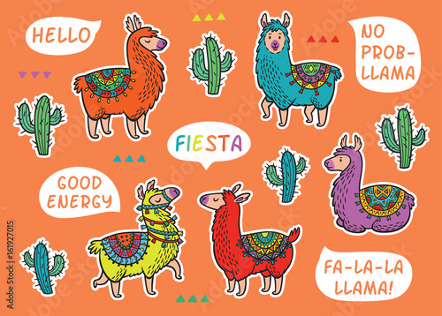 Decorative Llama Alpaca set. Colorful vector childish patches