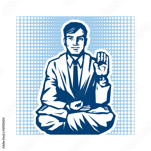 Yogi - Guru Sitting In Lotus Pose. Characters of Business Yoga in Retro Style. Vector Graphic Illustration.