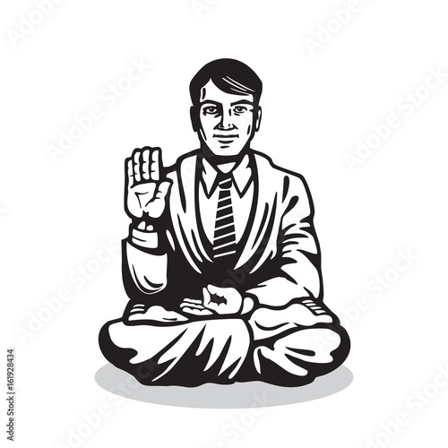 Yogi - Guru Sitting In Lotus Pose. Characters of Business Yoga in the Style of Engraving. Vector Isolated Graphic Illustration.