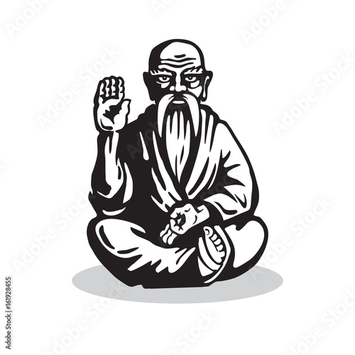 Yogi - Guru Sitting In Lotus Pose. Vector Isolated Graphic Illustration. Yoga Characters in the Style of Engraving.