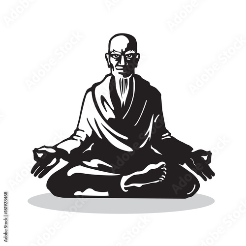 Yogi - Guru Sitting In Lotus Pose. Yoga Characters in the Style of Engraving. Vector Isolated Graphic Illustration.