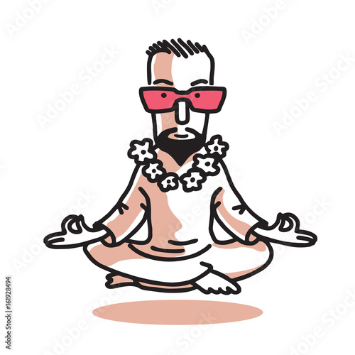 Yogi - Guru with Pink Glasses Sitting In Lotus Pose. Characters of Business Yoga. Vector Graphic Illustration.