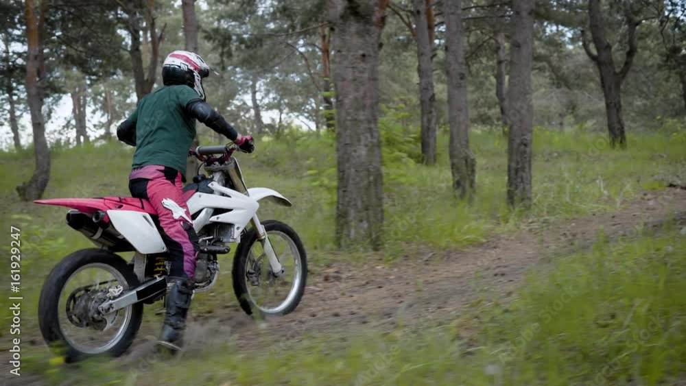 An athlete in protective uniform and a helmet on his head rides on a universal sports bike in the forest part overcoming the difficulties An athlete in protective uniform and a helmet on his head rides on a universal sports bike in the forest part overcoming the difficulties
