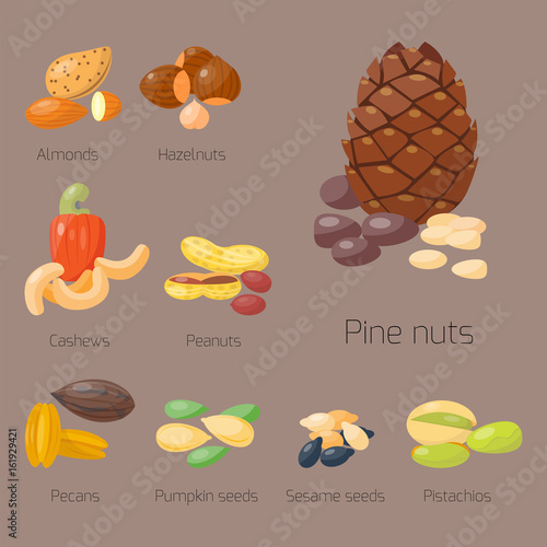 Piles of different nuts pistachio hazelnut almond peanut cashew chestnut tast...
