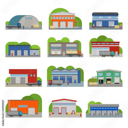 Warehouse storehouse depot storage facilities logistic flat style buildings vector illustration isolated on white