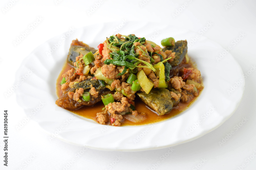 stir fired minced pork with basil top on fired preserved egg. stir fired minced pork with basil top on fired preserved egg.