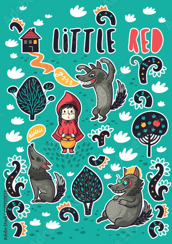 Collection of vector stickers with little girl and hungry wolf