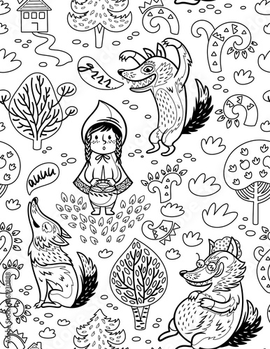 Little Red Riding Hood cartoon background in outline.