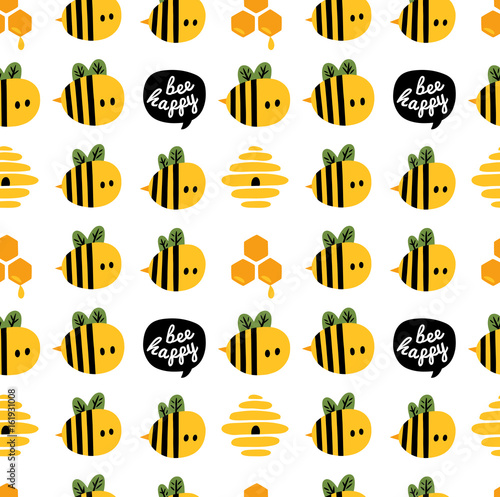 Seamless pattern with cartoon bees and beehive for design