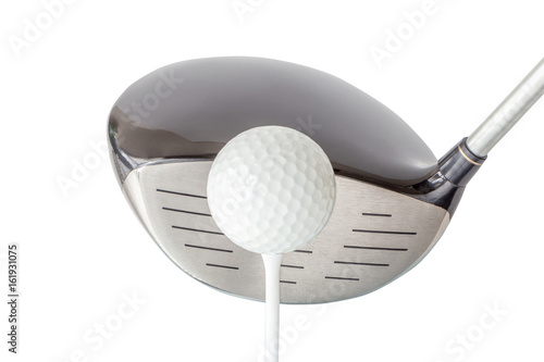 The new golf ball on tee with shiny black driver club on white background, golf concept.