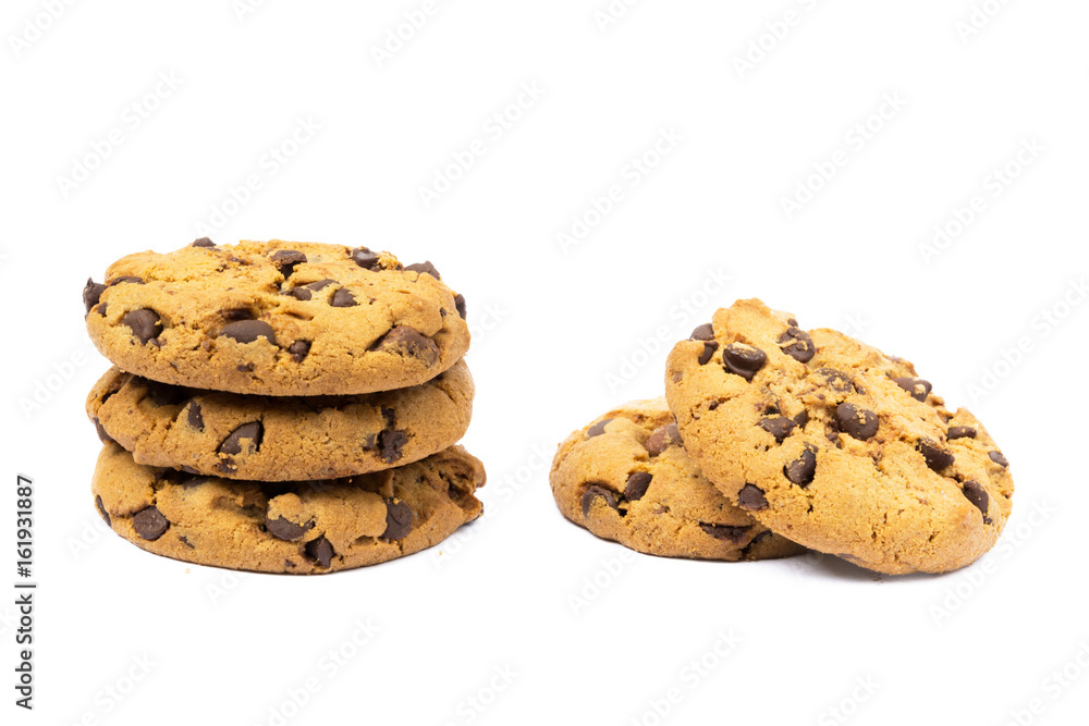 Cookies with chocolate pieces isolated on white background