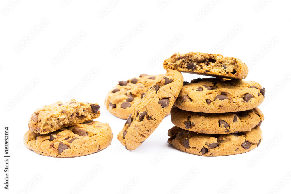 Cookies with chocolate pieces isolated on white background