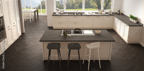Modern scandinavia kitchen with big windows  panorama classic white and gray interior design