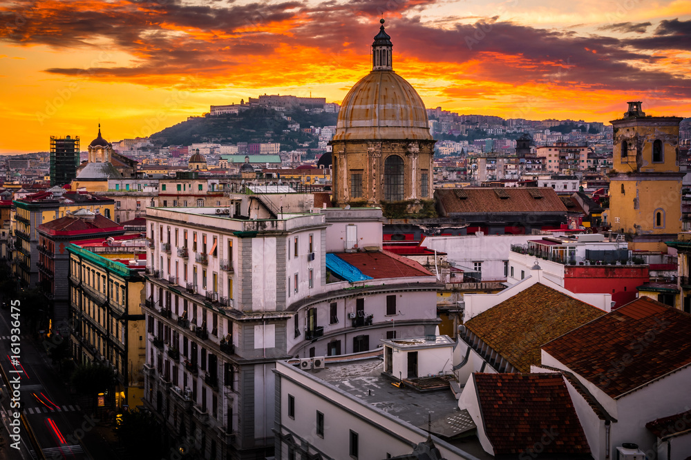 Stunning view of Naples in Italy on a sunset