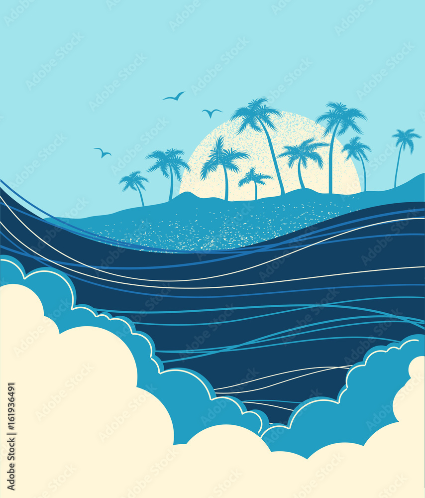 Fototapeta premium Wielkie fale oceanu i tropikalna wyspa z palms.Vector niebieskim ilustracji