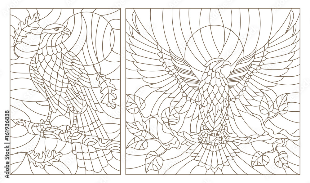 Set contour illustrations of stained glass with birds,eagle and hawk on a tree branch