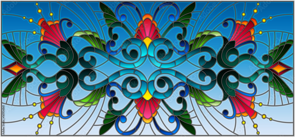 Illustration in stained glass style with abstract swirls,flowers and leaves on a blue background,horizontal orientation Illustration in stained glass style with abstract swirls,flowers and leaves on a blue background,horizontal orientation