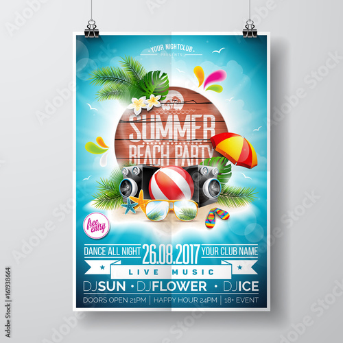 Summer Beach Party Flyer Design with typographic elements on wood texture background. Summer nature floral elements and sunglasses.