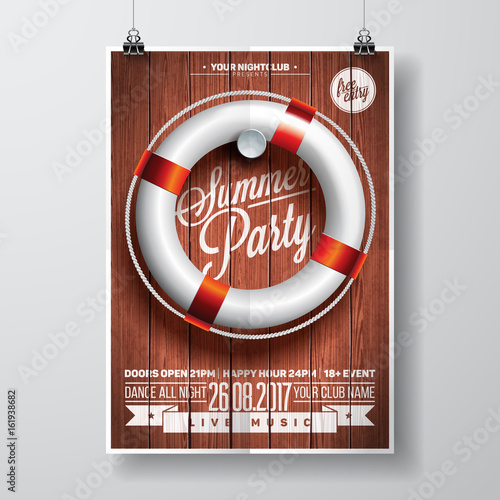 Summer Beach Party Flyer Design with typographic elements and life buoy on wood texture background.