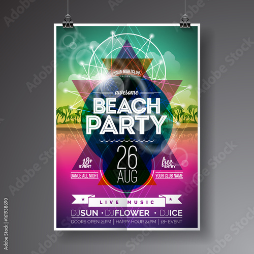 Summer Beach Party Flyer Design with paradise island on ocean landscape background.
