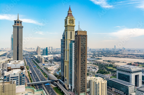 Cityscape of Dubai along Sheikh Zayed Road - Dubai International Financial Centre  view from a skyscraper