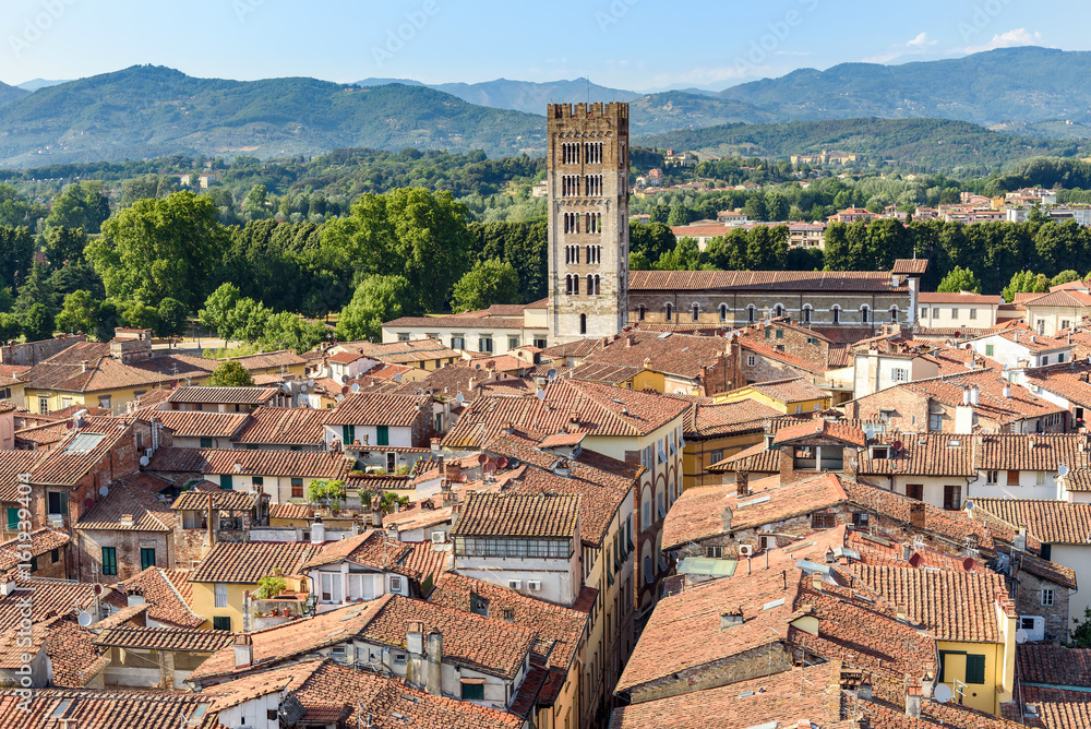 view of medieval town of Lucca with San Frediano bell tower, tuscany, italy