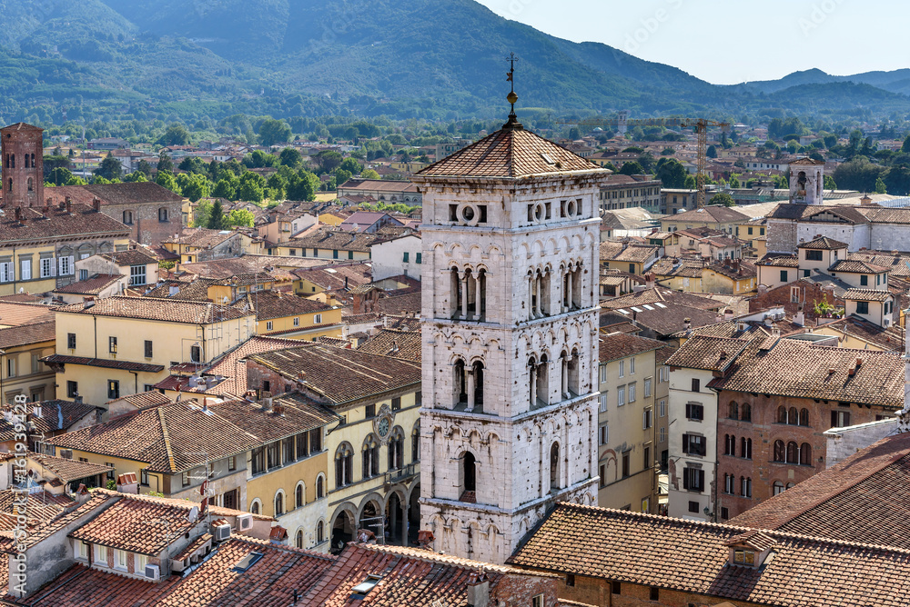 panoramic view of Lucca with San Michele bell tower, tuscany, Italy